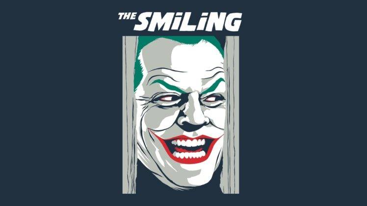 face, Joker, Jack Nicholson, Digital art, Movies, The Shining, Batman, Smiling, Crossover, Humor, Blue background, Stanley Kubrick HD Wallpaper Desktop Background