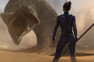 female soldier, Dune (series), Worm, Desert, Artwork