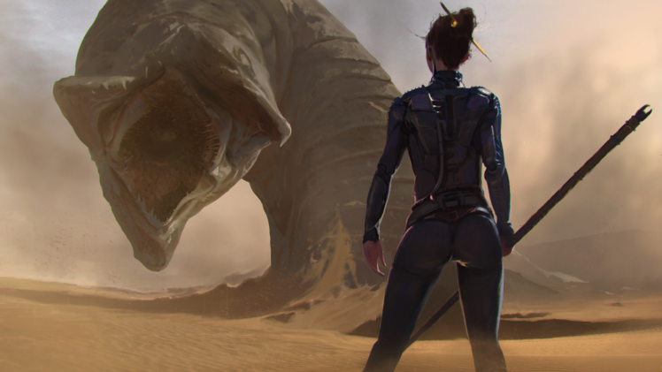 female soldier, Dune (series), Worm, Desert, Artwork HD Wallpaper Desktop Background