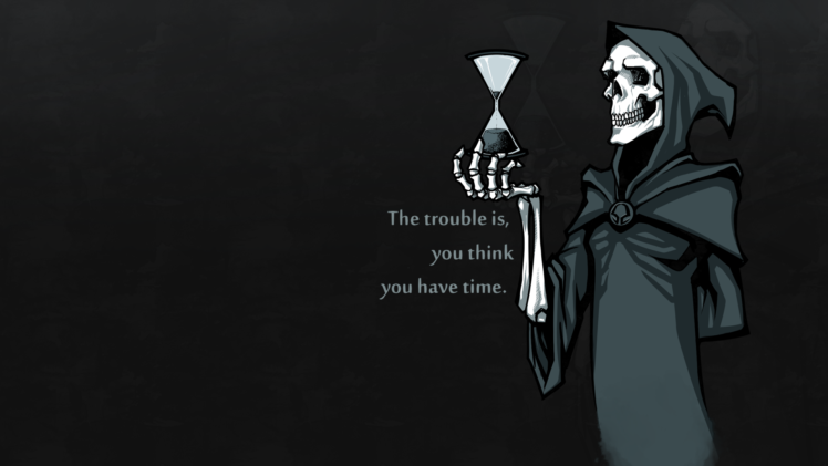 Grim Reaper, Digital art, Hourglasses, Skull, Skeleton, Quote, Time, Bones, Hoods, Simple background HD Wallpaper Desktop Background
