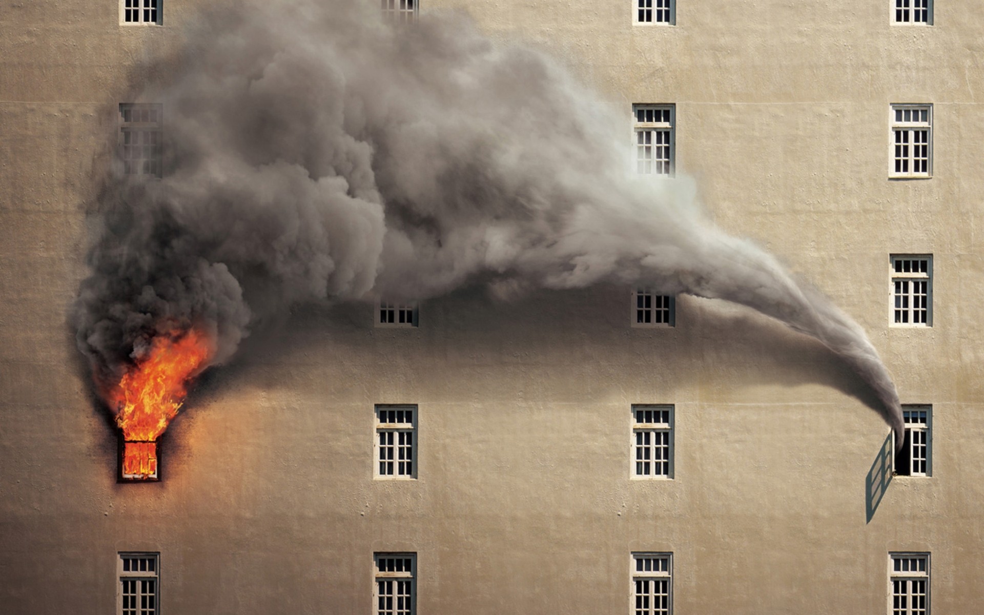 fire, Smoke, Building, Window, Digital art, Artwork Wallpaper
