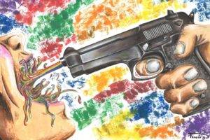 hands, Open mouth, Face, Artwork, Gun, Weapon, Colorful