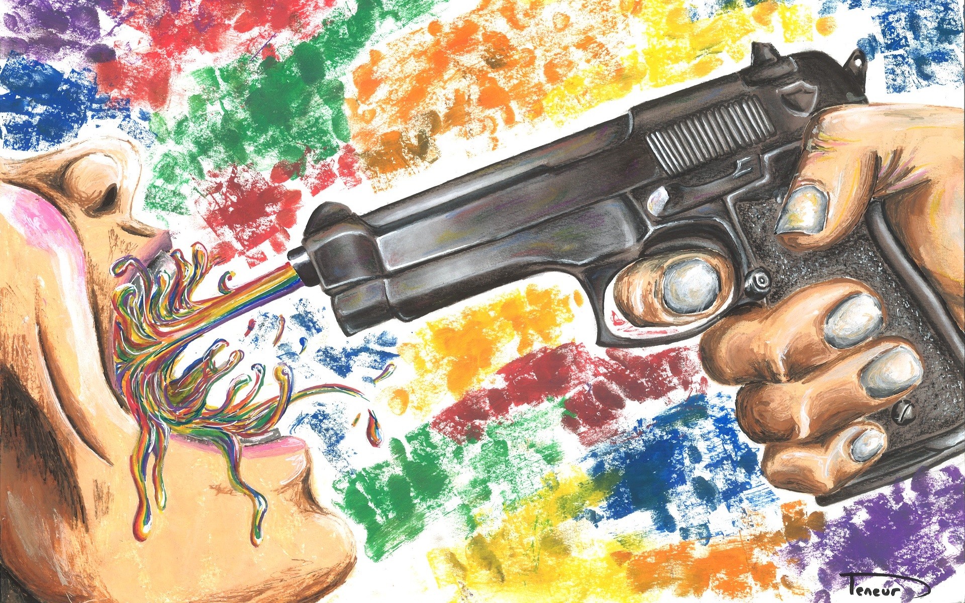hands, Open mouth, Face, Artwork, Gun, Weapon, Colorful Wallpaper