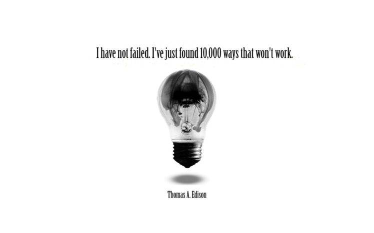 Thomas Alva Edison, Lamp, Text, Quote, Lightbulb, White background, Artwork, Typography HD Wallpaper Desktop Background