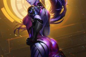 Widowmaker (Overwatch), Long hair, Purple hair, Overwatch, Widowmaker, Bodysuit, Weapon, Gun