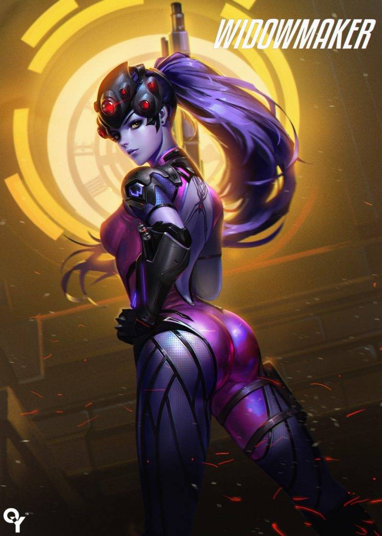 Widowmaker (Overwatch), Long hair, Purple hair, Overwatch, Widowmaker, Bodysuit, Weapon, Gun HD Wallpaper Desktop Background