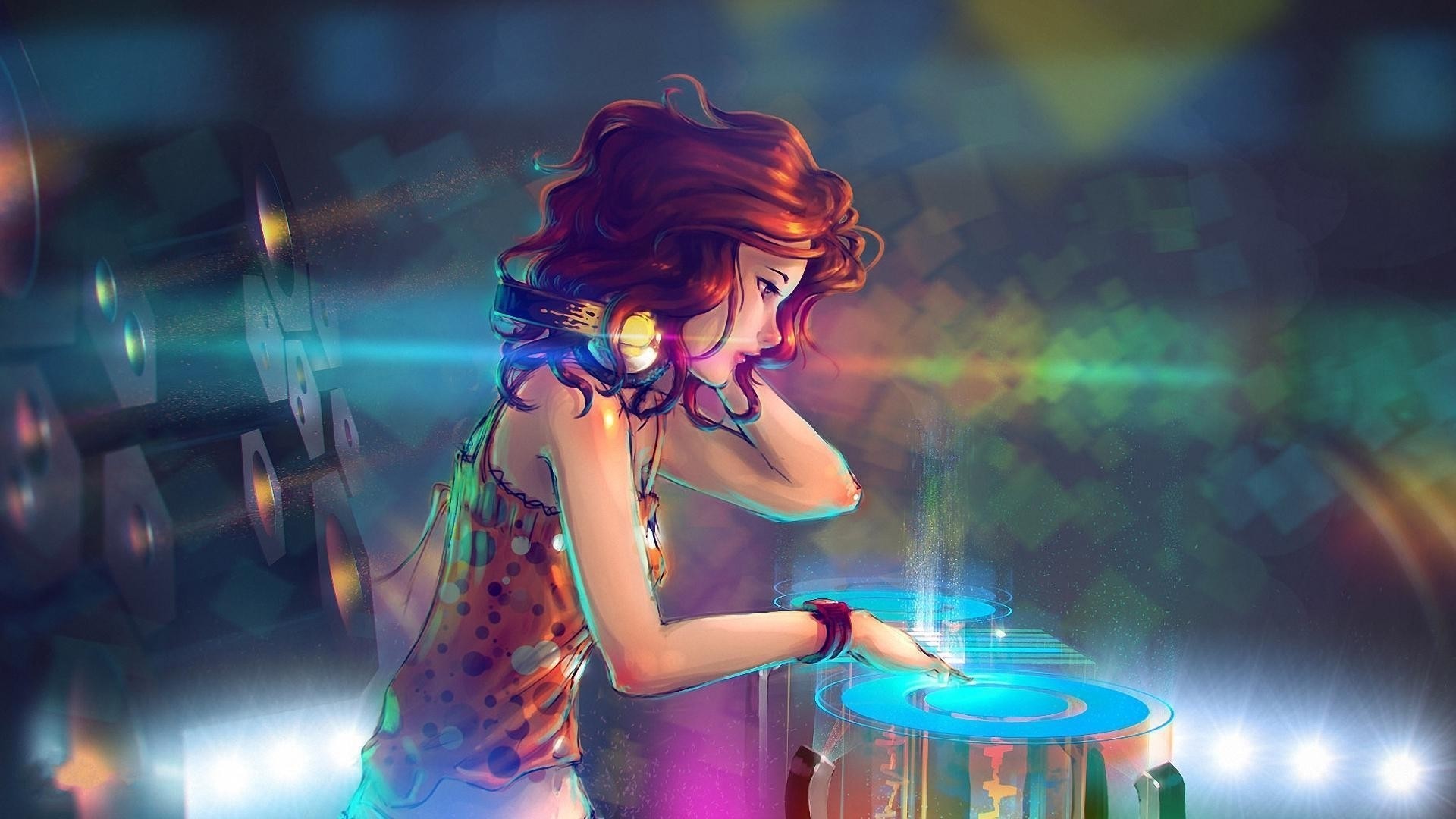 DJ, Redhead, Music, Digital art, Headphones Wallpaper