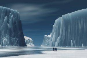 couple, Mountains, River, Ice, Snow, Antarctica, Penguins, Digital art