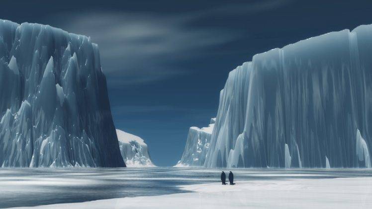 couple, Mountains, River, Ice, Snow, Antarctica, Penguins, Digital art HD Wallpaper Desktop Background