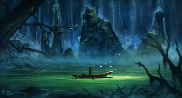 river, Boat, Concept art, Digital art HD Wallpaper Desktop Background