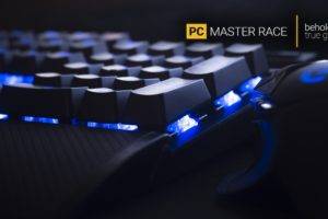 PC Master  Race, Keyboards, Computer mouse, Computer, Lights, Typography, Blue, Digital art