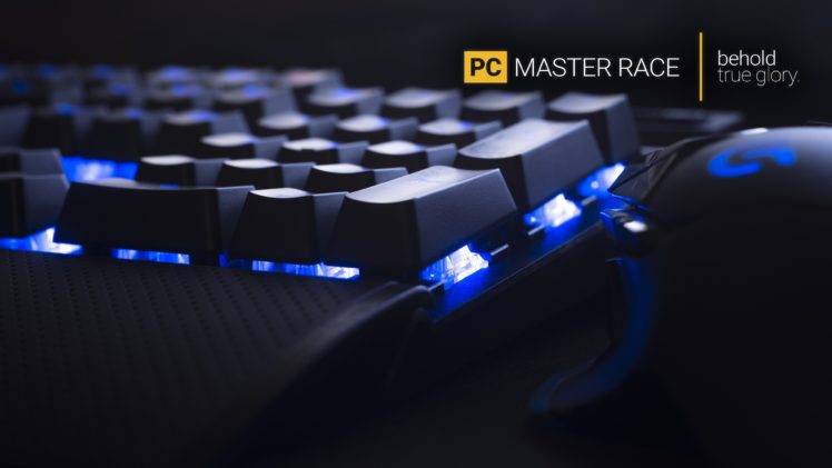 PC Master  Race, Keyboards, Computer mouse, Computer, Lights, Typography, Blue, Digital art HD Wallpaper Desktop Background