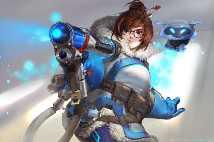 short hair, Overwatch, Mei, Mei (Overwatch), Glasses, Gun, Weapon HD Wallpaper Desktop Background