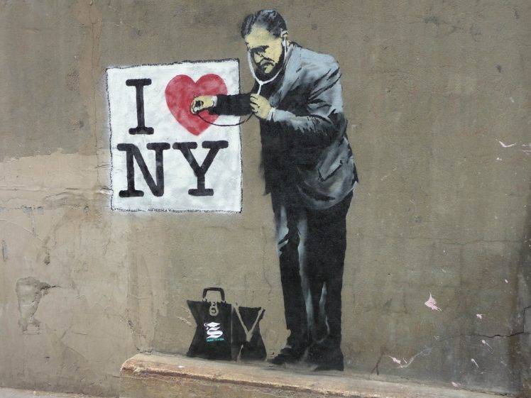 men, Heart, Doctors, New York City, USA, Banksy, Graffiti, Wall, Artwork, Street, Urban, Handbags, Humor HD Wallpaper Desktop Background