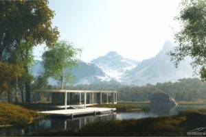 lake, Mountains, Trees, 3D, Digital art