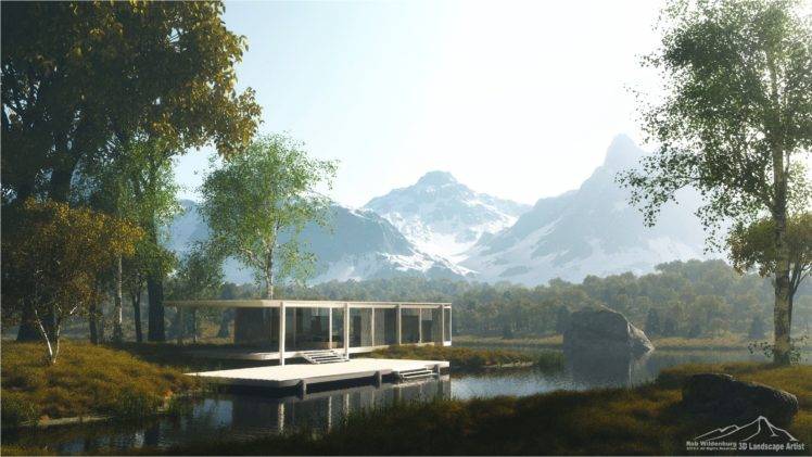 lake, Mountains, Trees, 3D, Digital art HD Wallpaper Desktop Background