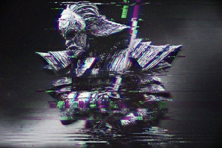 glitch art, Abstract, Distortion, RGB, Samurai, Katana HD Wallpaper Desktop Background