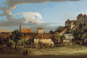 people, Artwork, Painting, Architecture, Building, Pirna, Germany, Village, Trees, Church, Ancient