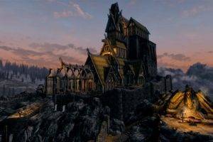artwork, Architecture, Building, Digital art, The Elder Scrolls V: Skyrim, Video games, Rock, Mist, Trees, House, Whiterun