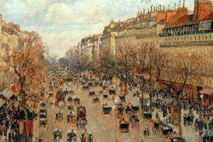 Camille Pissarro, People, Crowds, Artwork, Painting, Architecture, Building, Paris, Montmartre, Street, Trees, Urban, Horse