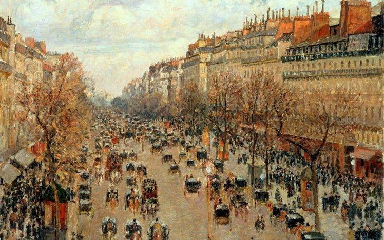 Camille Pissarro, People, Crowds, Artwork, Painting, Architecture, Building, Paris, Montmartre, Street, Trees, Urban, Horse HD Wallpaper Desktop Background