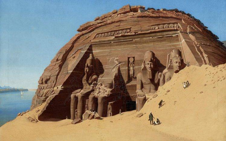 Ra, Men, Abu Simbel, Egypt, Sculpture, Statue, Rock, Egyptian, Artwork, Gods, Ancient, Water, River, Nile, Dune, Sand HD Wallpaper Desktop Background