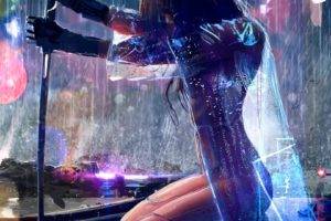 artwork, Rain, Cyberpunk, Sword