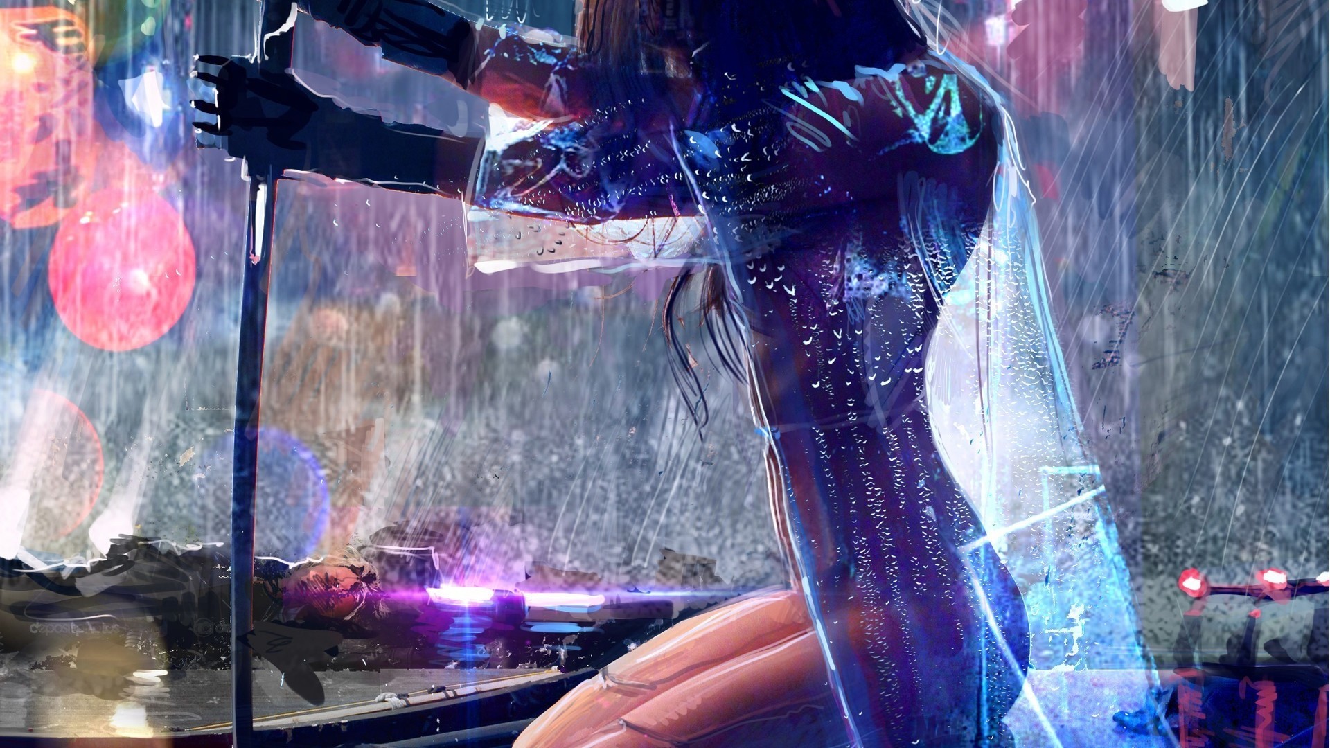 artwork, Rain, Cyberpunk, Sword Wallpaper