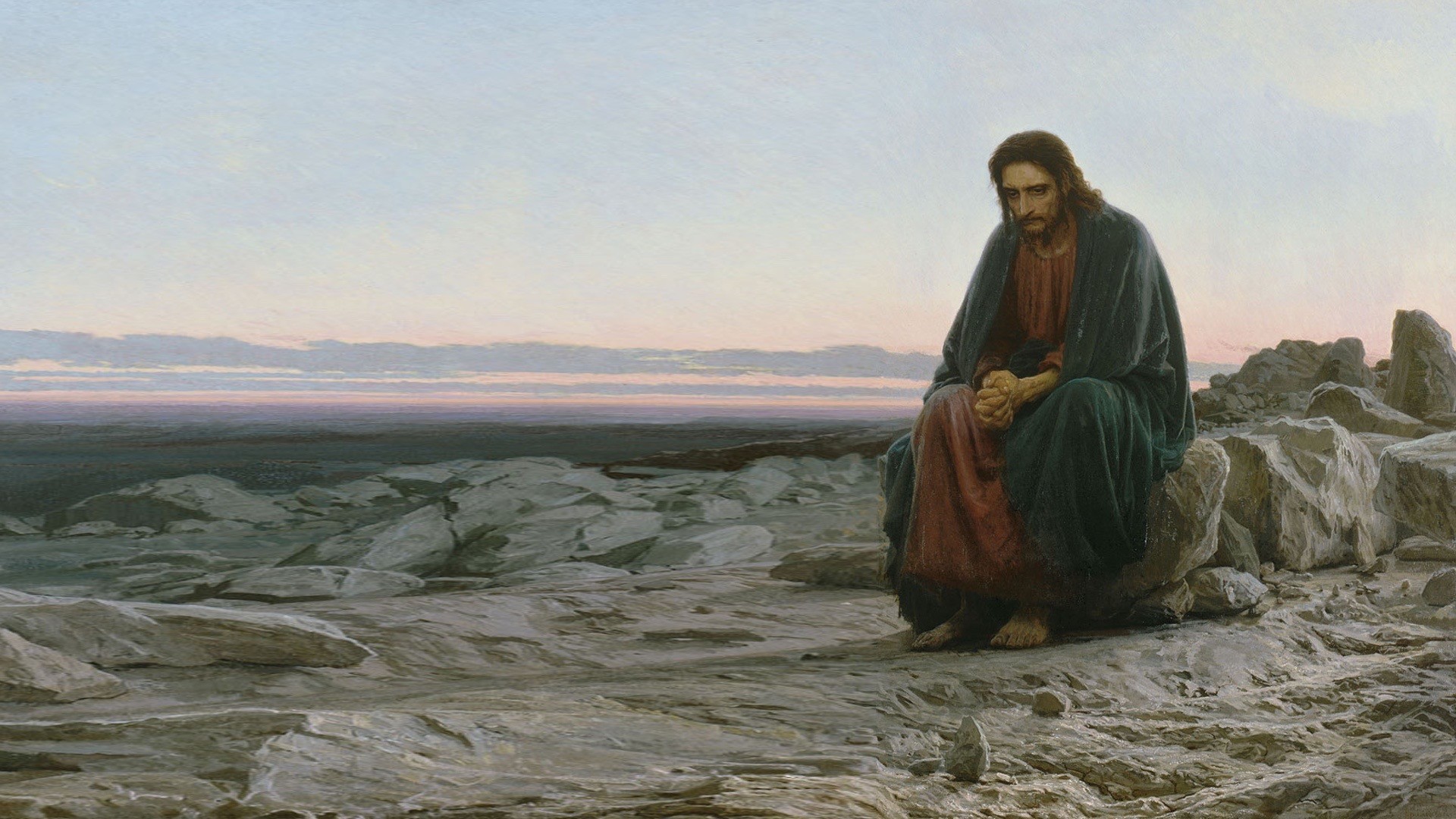 Ivan Kramskoy, Sitting, Barefoot, Artwork, Classic art, Painting, Jesus Christ, Sadness, Alone, Rock, Desert, Christianity, Religion Wallpaper