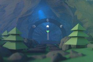 low poly, Trees, Mountains, Cave in, Cave, Sword, Lights, 3d object, Sphere, Stones, Depth of field, Digital art, 3D, 3D Blocks, Material style, Cinema 4D