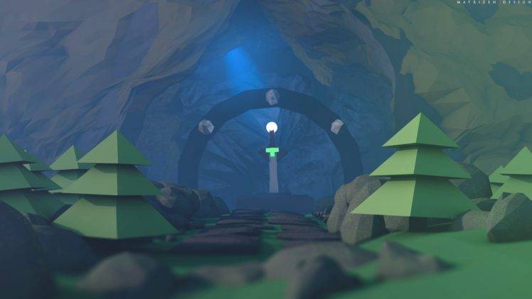 low poly, Trees, Mountains, Cave in, Cave, Sword, Lights, 3d object, Sphere, Stones, Depth of field, Digital art, 3D, 3D Blocks, Material style, Cinema 4D HD Wallpaper Desktop Background