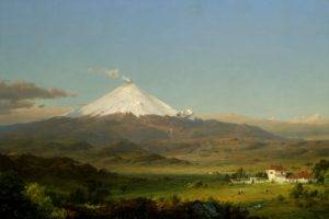 artwork, Classic art, Painting, Landscape, Nature, Trees, Mountains, Snowy peak, Frederic Edwin Church, Ecuador, Cotopaxi, Volcano, House