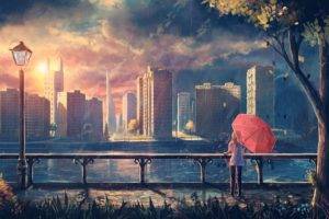 anime girls, Cityscape, Rain, Artwork, Sunlight, Trees, Umbrella