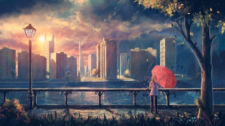 anime girls, Cityscape, Rain, Artwork, Sunlight, Trees, Umbrella HD Wallpaper Desktop Background