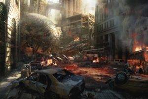 artwork, Apocalyptic, Destruction, Science fiction, Planes, Crash, Ruins, City