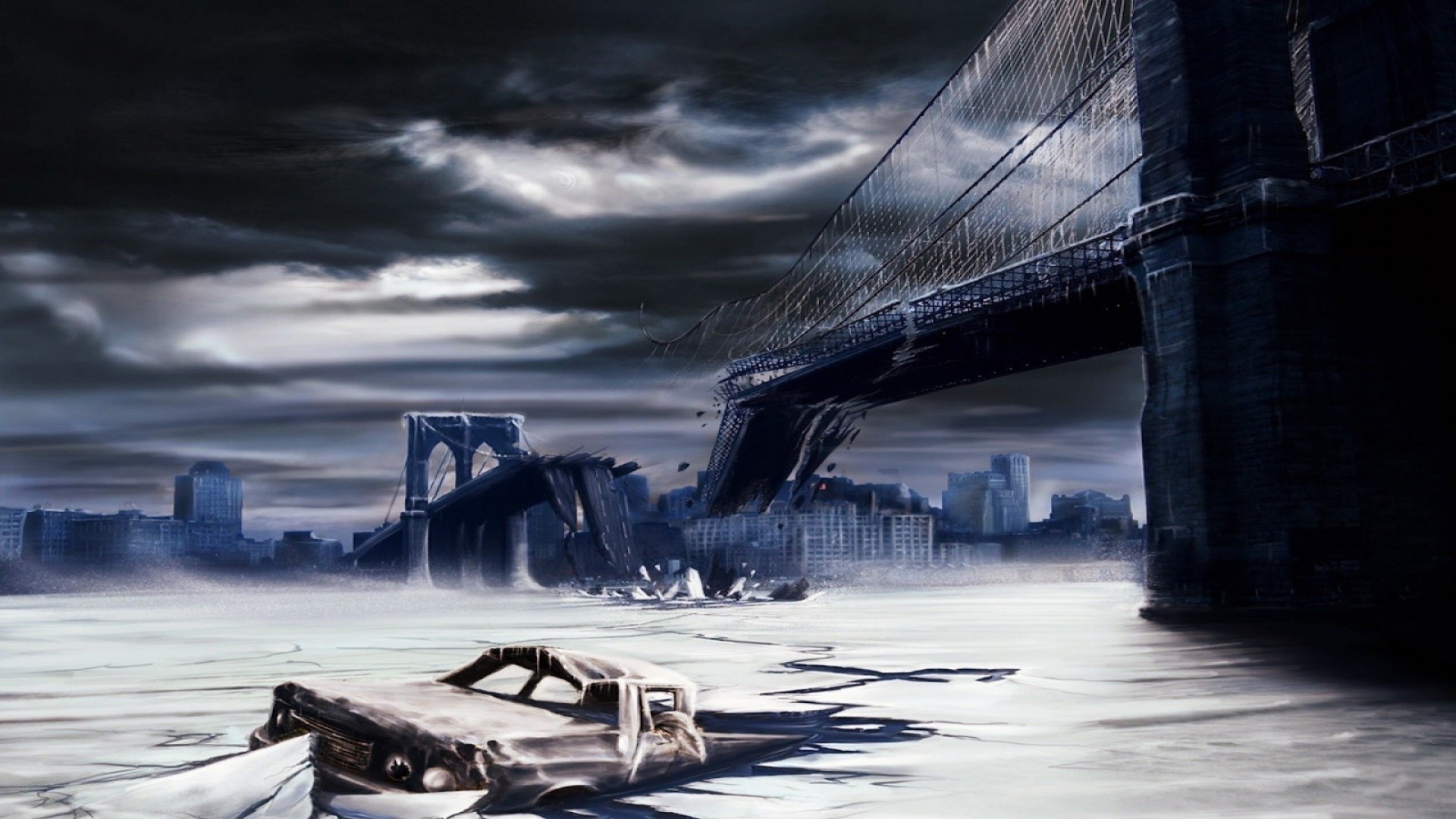 artwork, Apocalyptic, Destruction, City, Brooklyn Bridge, New York City Wallpaper