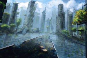 artwork, Apocalyptic, City, Science fiction, Ruin, Skyscraper, Water