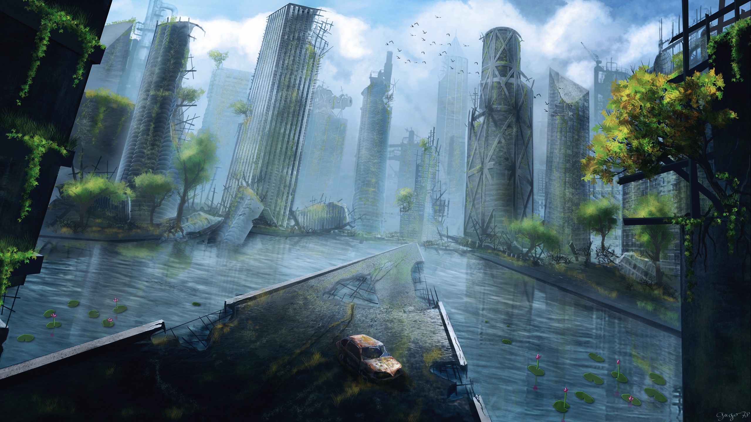 artwork, Apocalyptic, City, Science fiction, Ruin, Skyscraper, Water Wallpaper