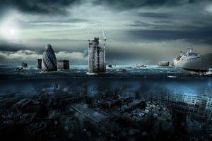 Alexander Koshelkov, Artwork, Apocalyptic, Ruins, Boat, Building, Underwater, Water, Science fiction, London