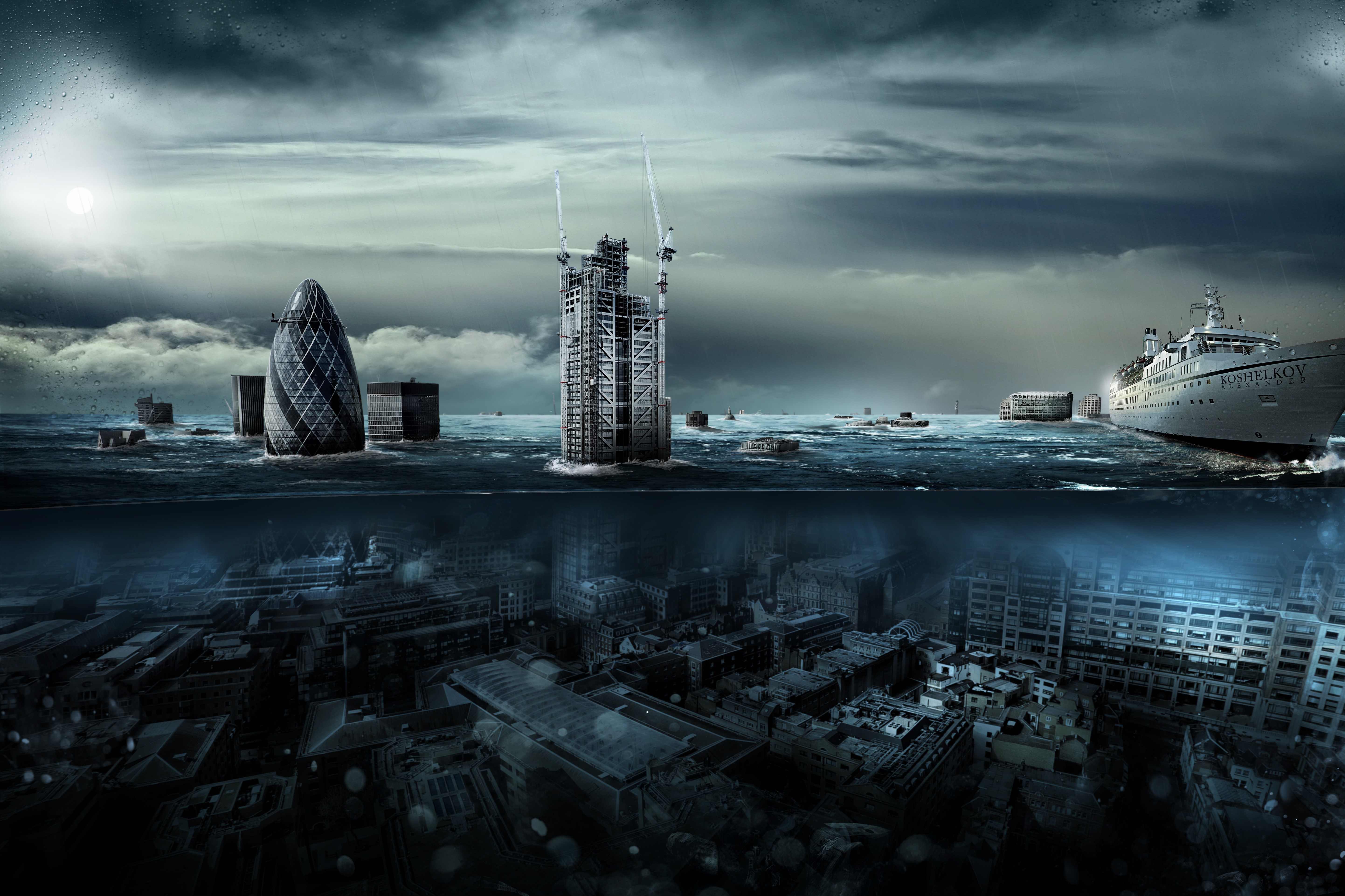 Alexander Koshelkov, Artwork, Apocalyptic, Ruins, Boat, Building, Underwater, Water, Science fiction, London Wallpaper