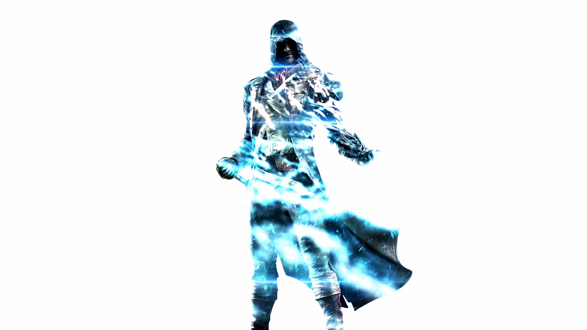 Unity, Assassins Creed, Double exposure, Water, Flares, White background, 2D, Digital art, Arno Dorian Wallpaper