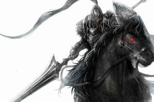 warrior, Digital art, Armor, Horse, Spear, Simple background