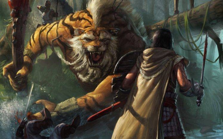 warrior, Artwork, Tiger, Jaguars, Sword, Jungle, Trees, Cloaks, Armor HD Wallpaper Desktop Background