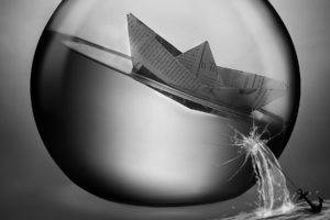 monochrome, Artwork, Paper boats, Water, Sphere, Broken glass, Anchors, Boat, Paper, Newspapers, Chains