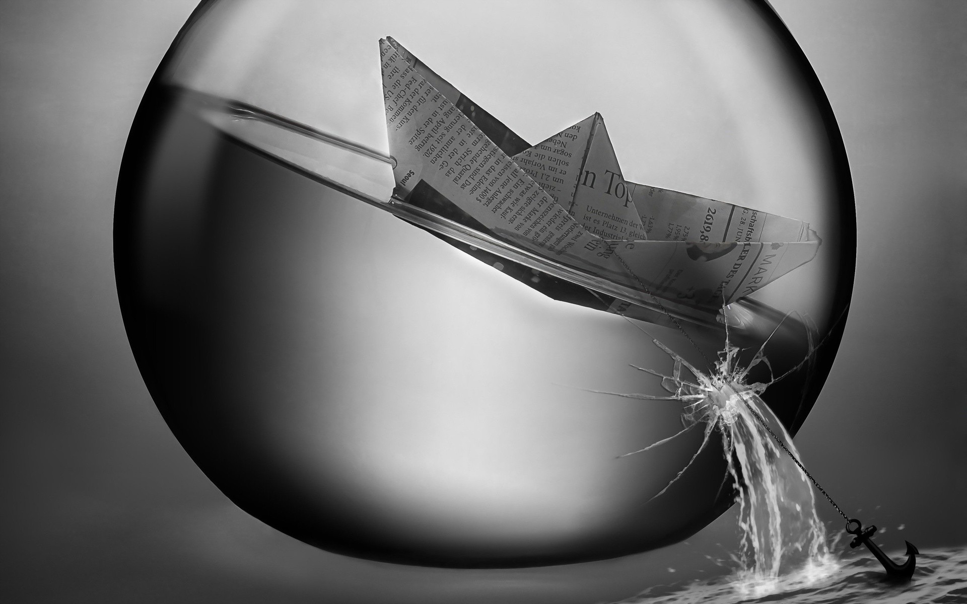 monochrome, Artwork, Paper boats, Water, Sphere, Broken glass, Anchors, Boat, Paper, Newspapers, Chains Wallpaper