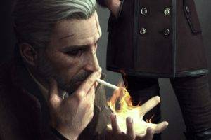 Geralt of Rivia, The Witcher, The Witcher 3: Wild Hunt, Artwork, Digital art, Noir, Fire