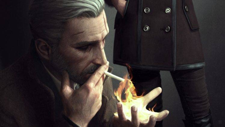 Geralt of Rivia, The Witcher, The Witcher 3: Wild Hunt, Artwork, Digital art, Noir, Fire HD Wallpaper Desktop Background