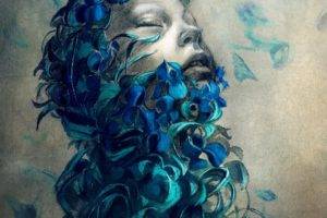face, Closed eyes, Digital art, Abstract, Simple background, Flowers, Flower petals, Drawing, Portrait display, Blue