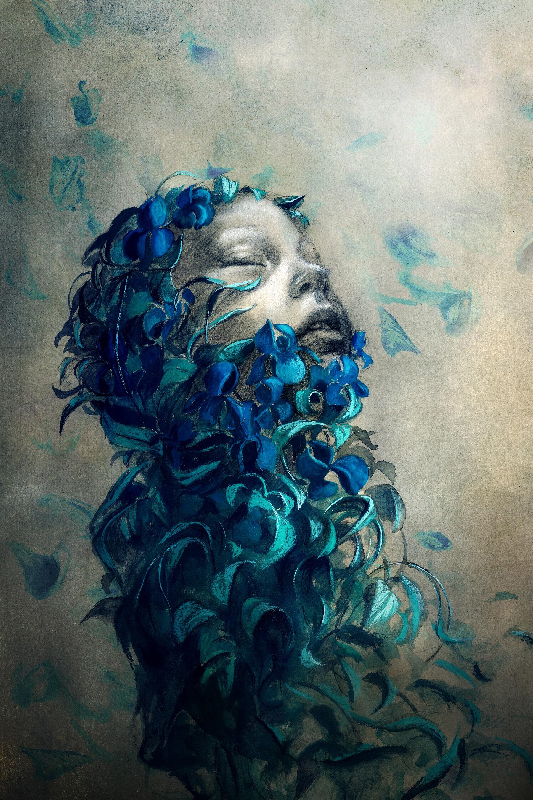 face, Closed eyes, Digital art, Abstract, Simple background, Flowers