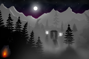 mountains, Pine trees, Adobe Photoshop, Night, Artwork, Moon, Fire